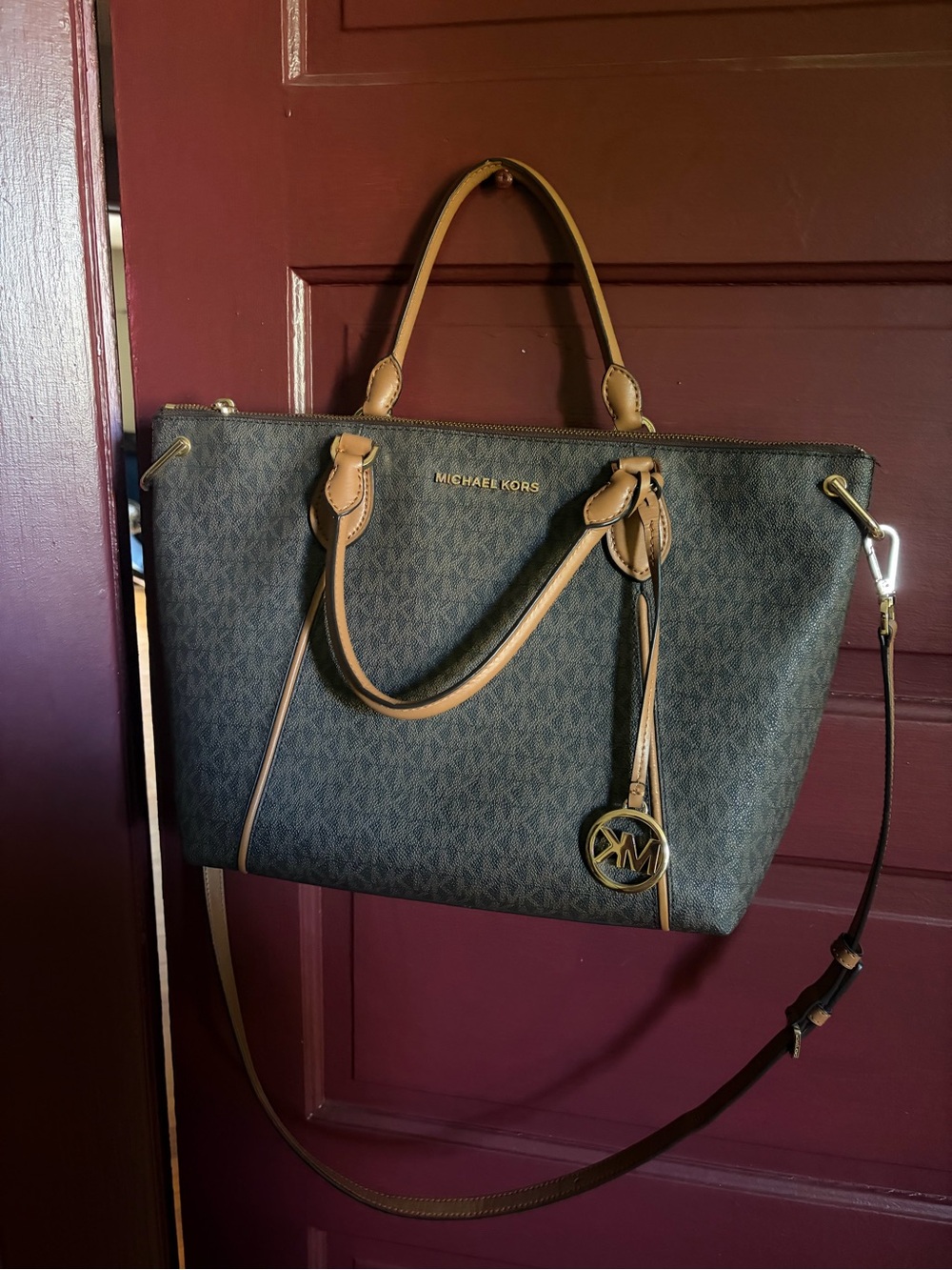 Michael Kors Brown Monogram Tote with Tan Trim and Gold Hardware